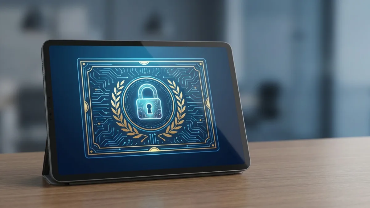 digital certificate of copyright with a secure lock icon on a tablet screen