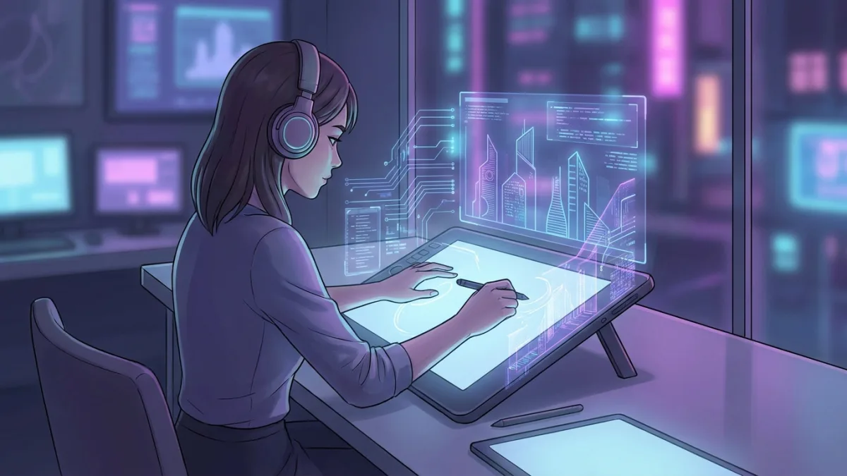 digital artist working on a tablet with AI futuristic overlay, high quality, cyberpunk aesthetic