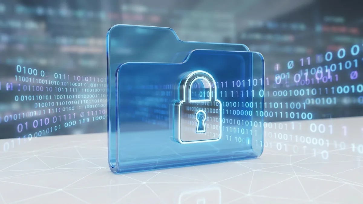 secure digital folder with padlock and binary code, representing copyright protection, 3d render