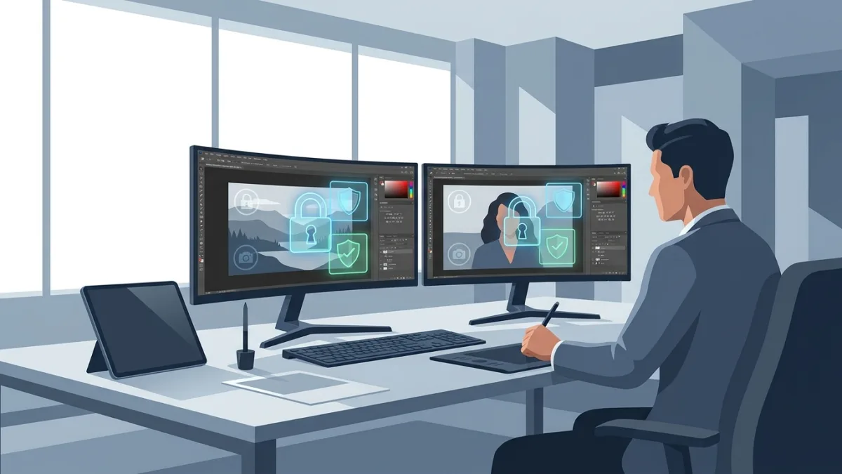 professional photographer editing photos on a dual monitor setup with copyright protection digital overlay concepts