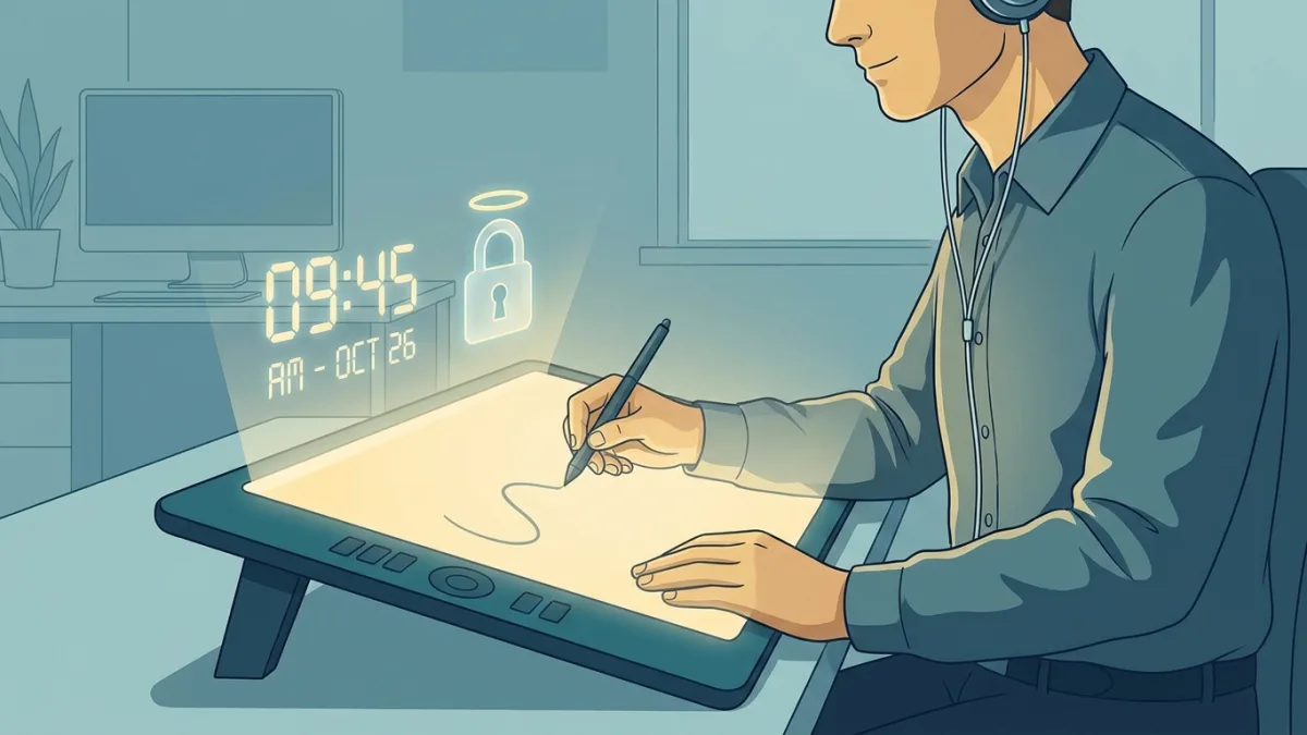 digital artist drawing on a graphic tablet with a glowing digital timestamp and secure padlock concept