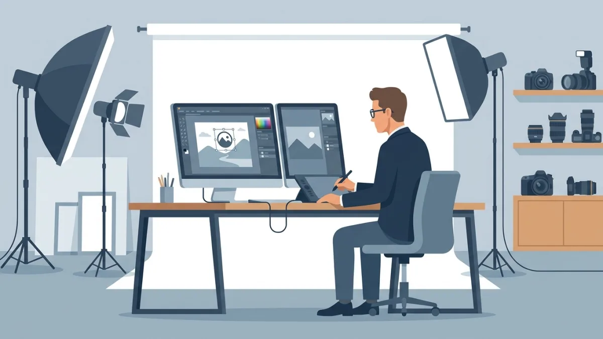 professional photographer working on a laptop, adding watermark to digital photos, modern studio lighting