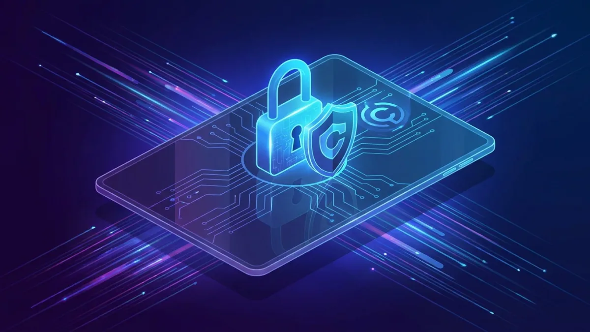digital copyright certificate concept with a padlock and shield on a digital screen, dark background with blue glowing lines