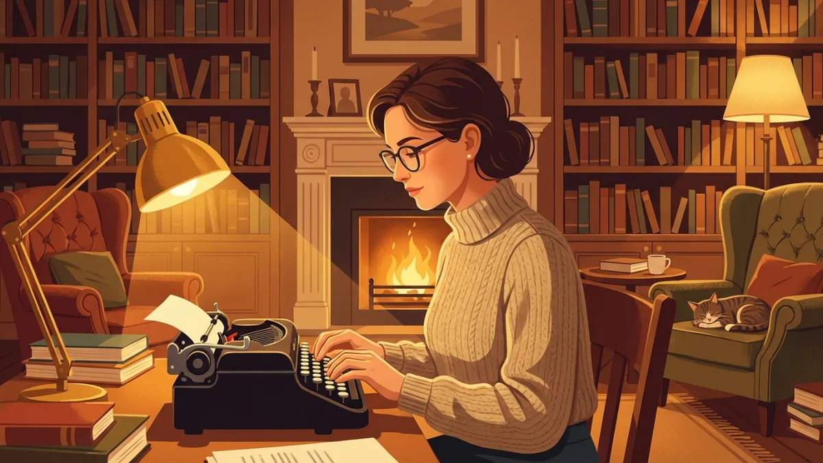 Author typing on a vintage typewriter in a cozy library setting, warm lighting