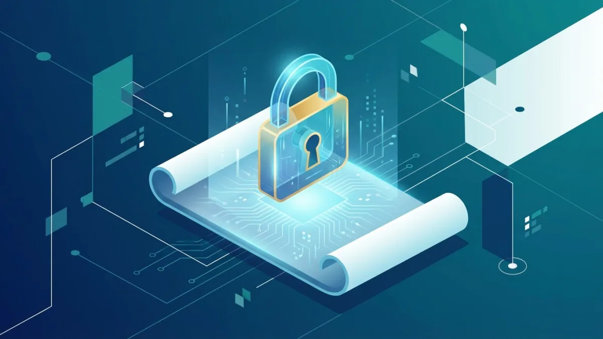 Digital padlock hovering over a glowing manuscript, modern cybersecurity concept