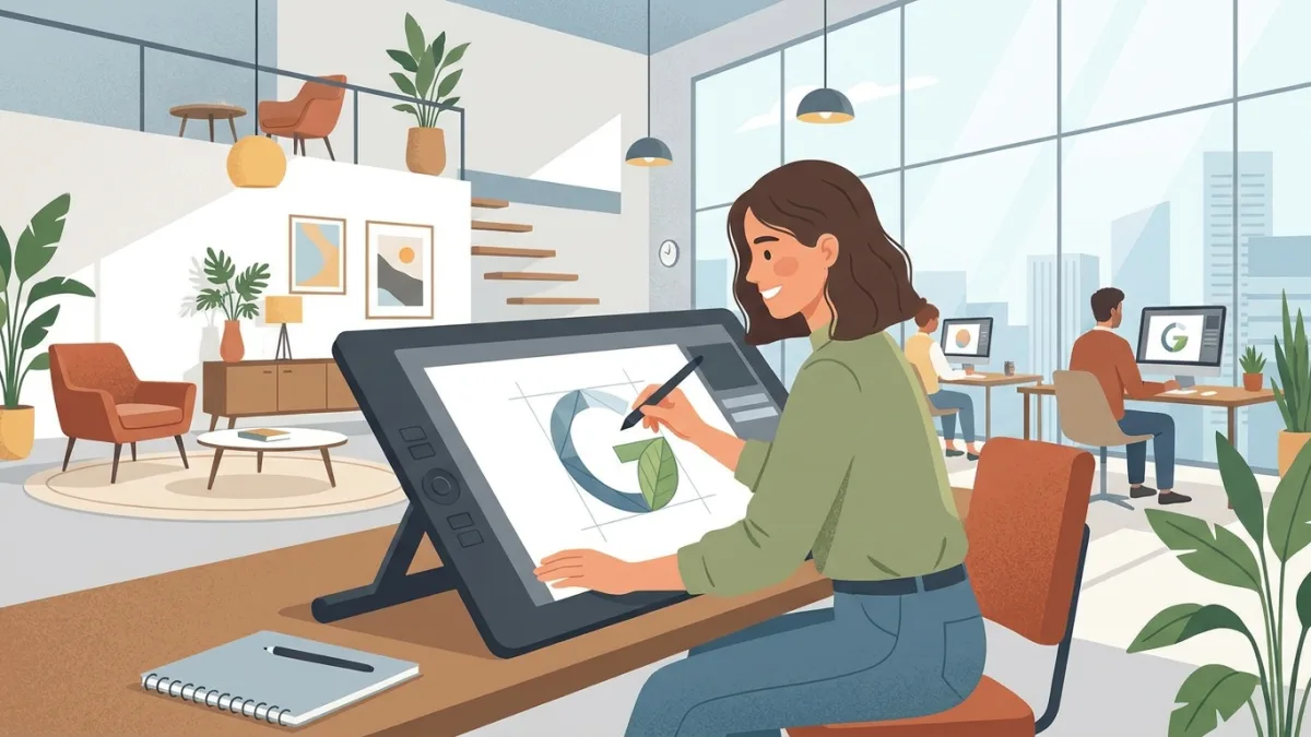 Graphic designer creating a logo on a digital tablet in a bright modern studio