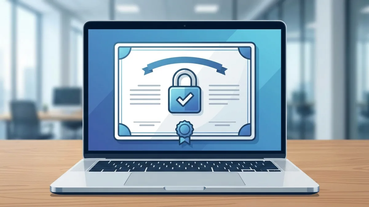 Close up of a laptop screen displaying a digital copyright certificate with a padlock icon