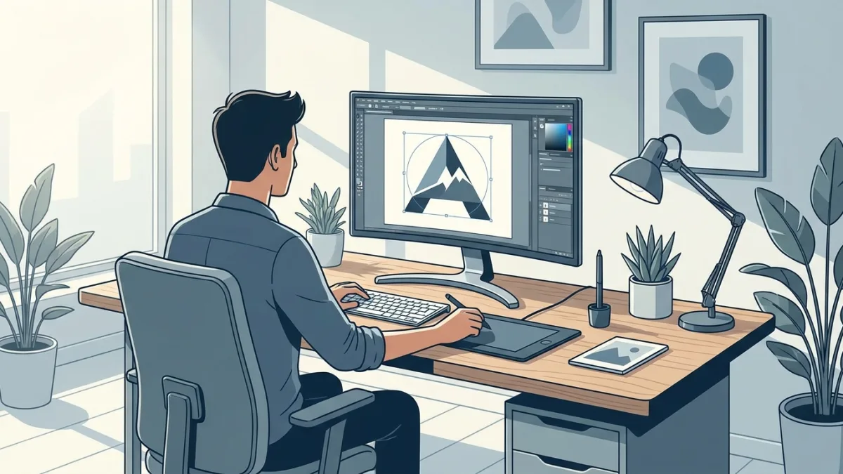 A graphic designer working on a logo design on a computer screen, modern workspace, digital art
