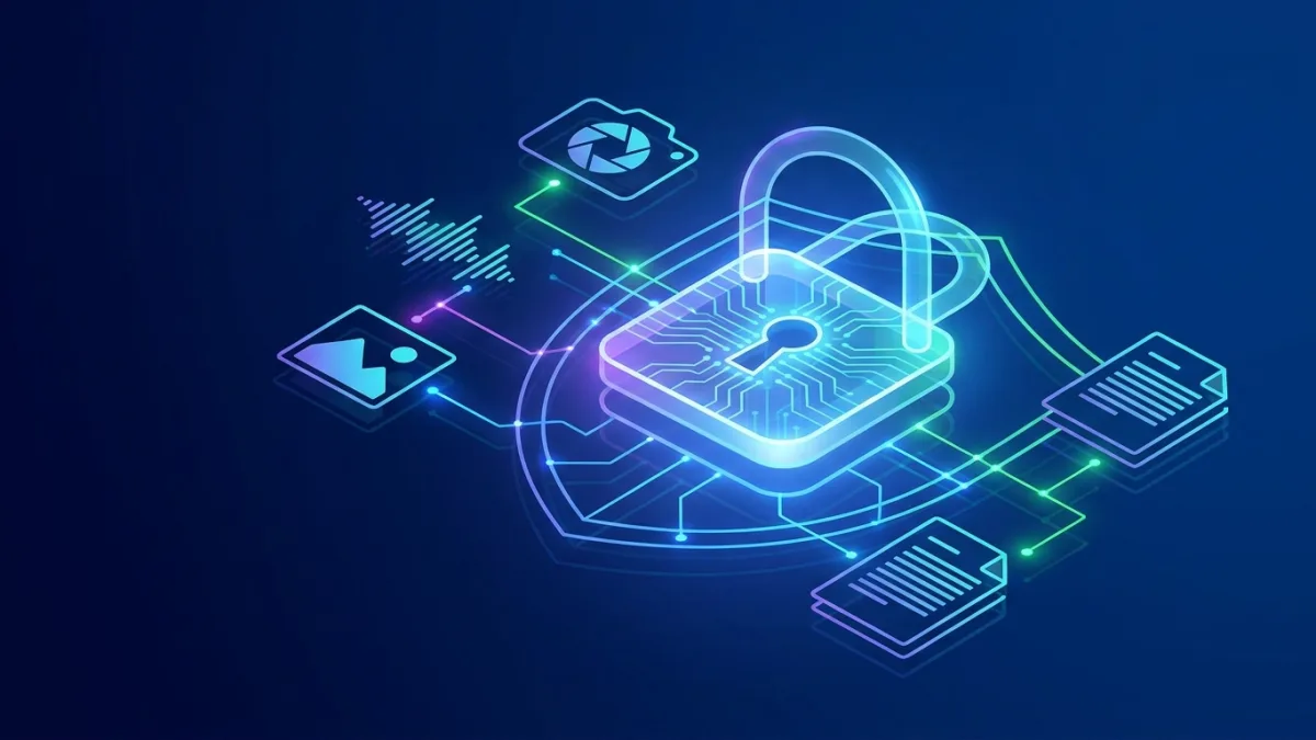 A digital padlock overlaid on a glowing network of creative assets like images, audio waves, and text documents, cybersecurity concept