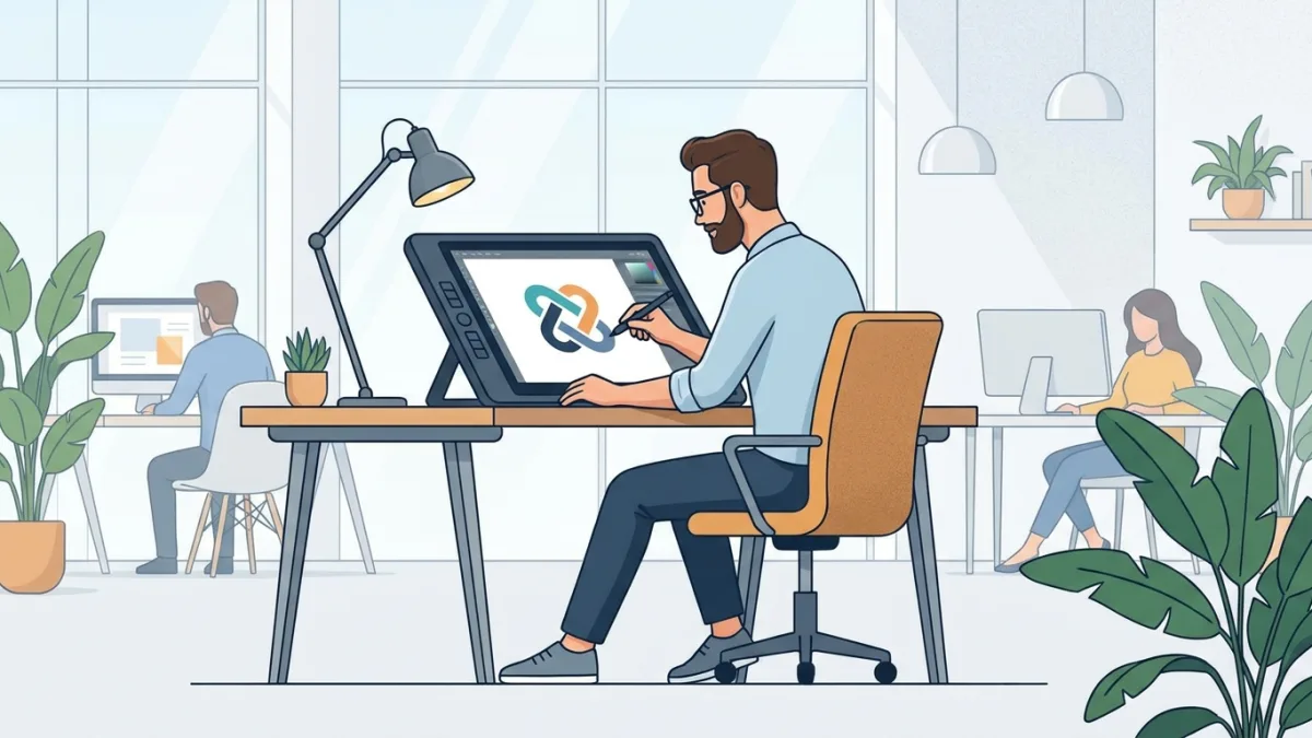 graphic designer creating a logo on a tablet, modern studio setting