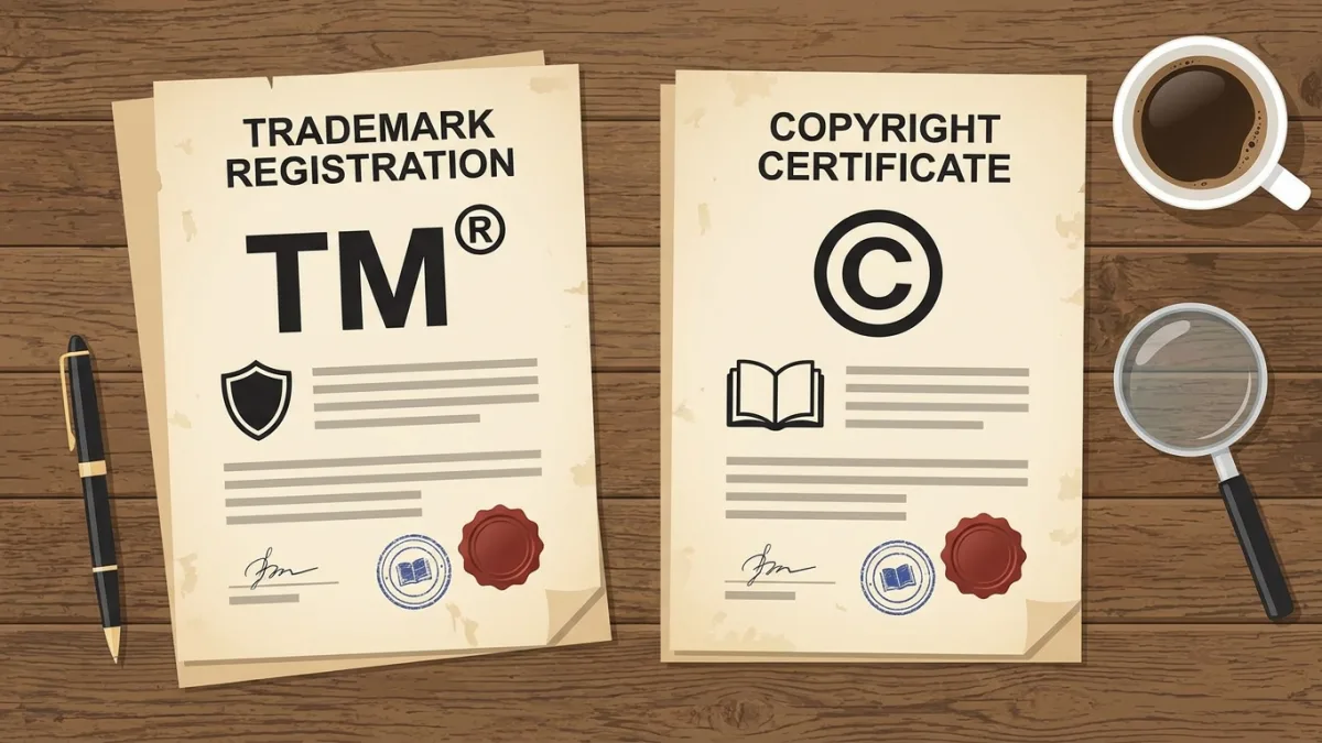 comparison between trademark and copyright documents on a wooden desk