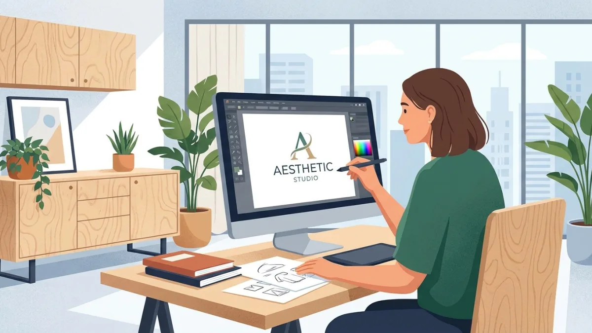 A designer working on a logo design on a computer screen in a modern studio