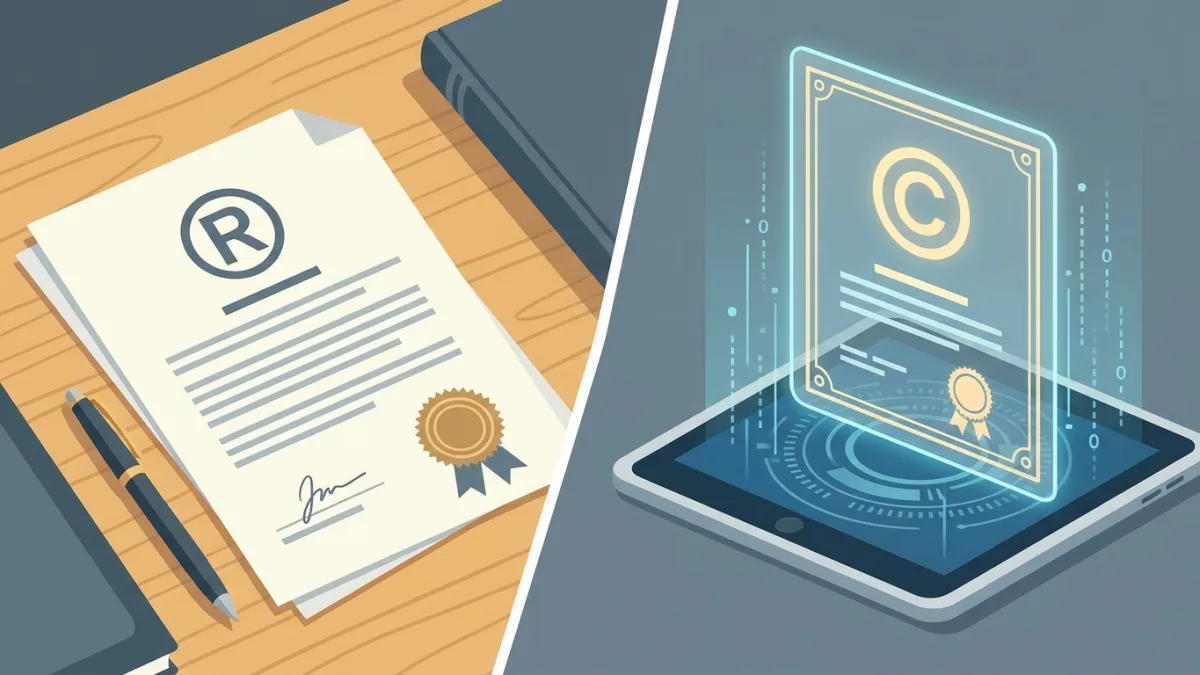 A split screen showing a legal trademark document on one side and a digital copyright certificate on the other