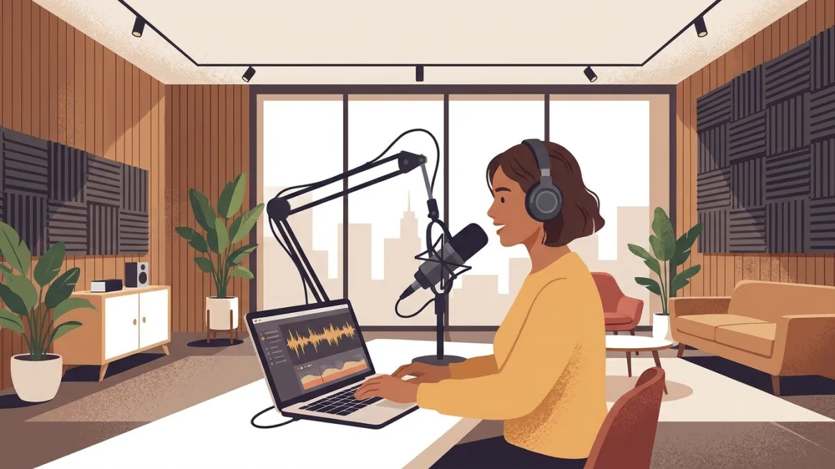 Podcast creator recording in a modern studio with microphone and laptop