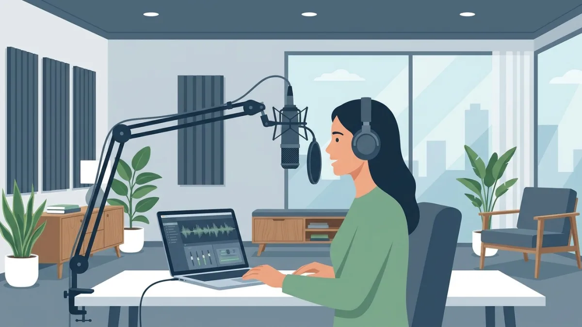 A podcaster recording in a modern studio with a microphone and laptop