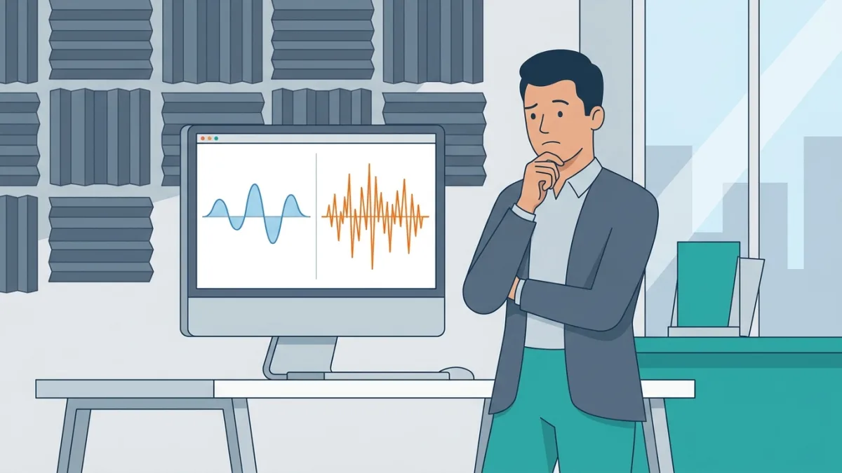 A person comparing two audio waveforms on a computer screen, looking concerned