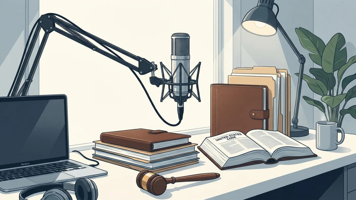 podcast microphone and legal documents on a desk, modern lighting