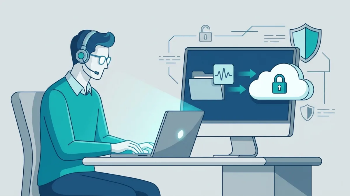 person uploading audio files on a computer, digital security concept