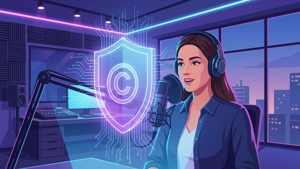 A podcaster recording in a studio with a glowing digital shield symbolizing copyright protection, modern lighting