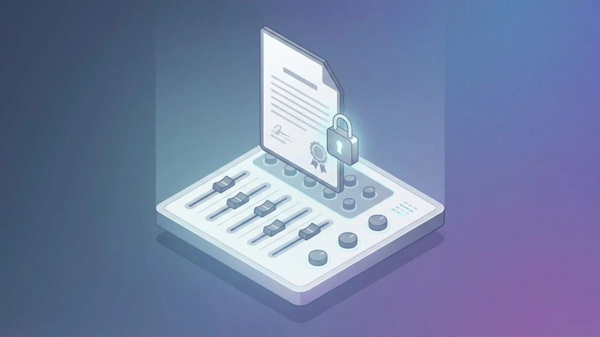 A digital certificate with a padlock icon hovering over a mixing console, representing audio file timestamping and copyright deposit