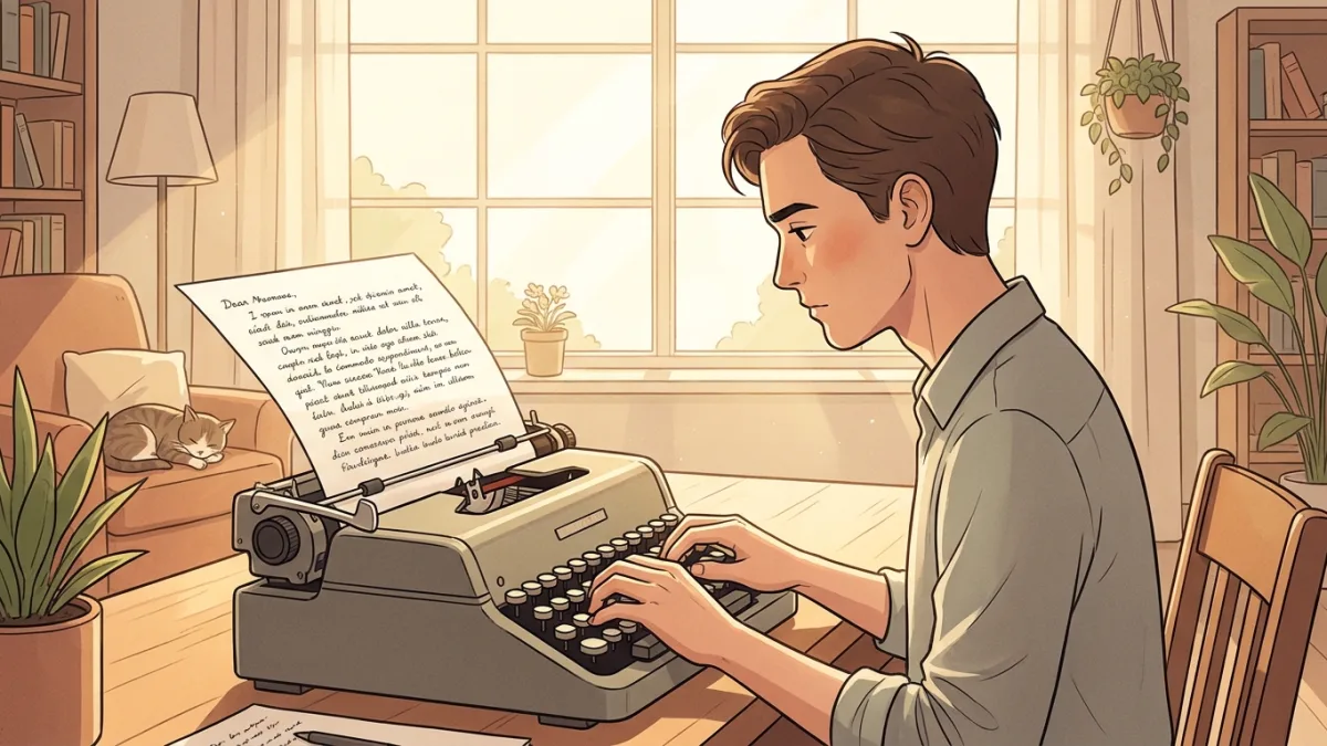 A writer typing on a vintage typewriter in a cozy, sunlit room, focusing on the text on the paper