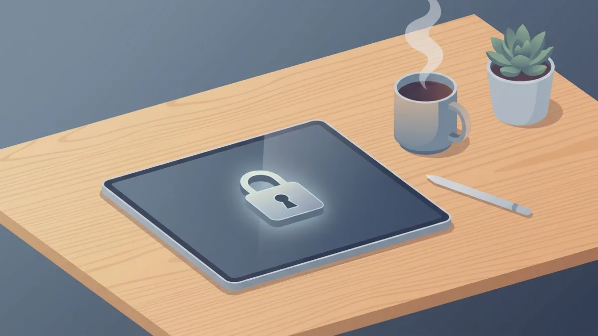 A digital tablet showing a secure document with a digital lock icon, resting on a modern wooden desk next to a cup of coffee