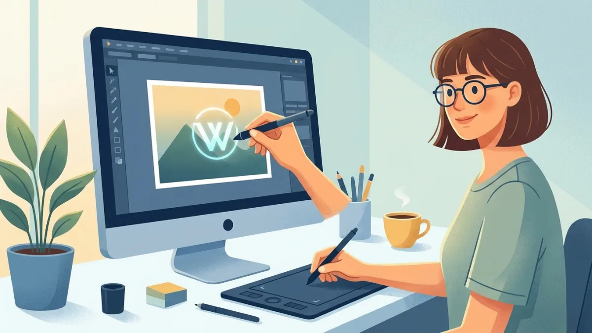 freelancer graphic designer adding watermark to image on computer
