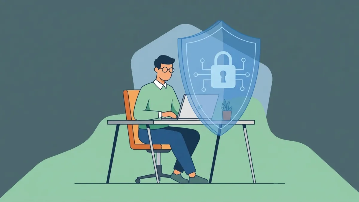 freelancer working on laptop with security shield overlay