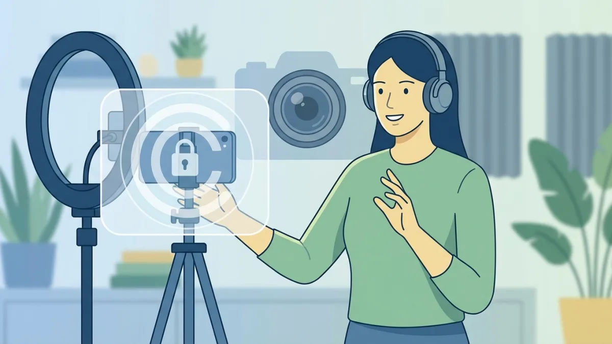 TikTok creator filming a video with copyright protection overlay