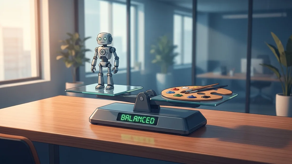 A digital scale balancing a robot and an artist's palette, cinematic lighting
