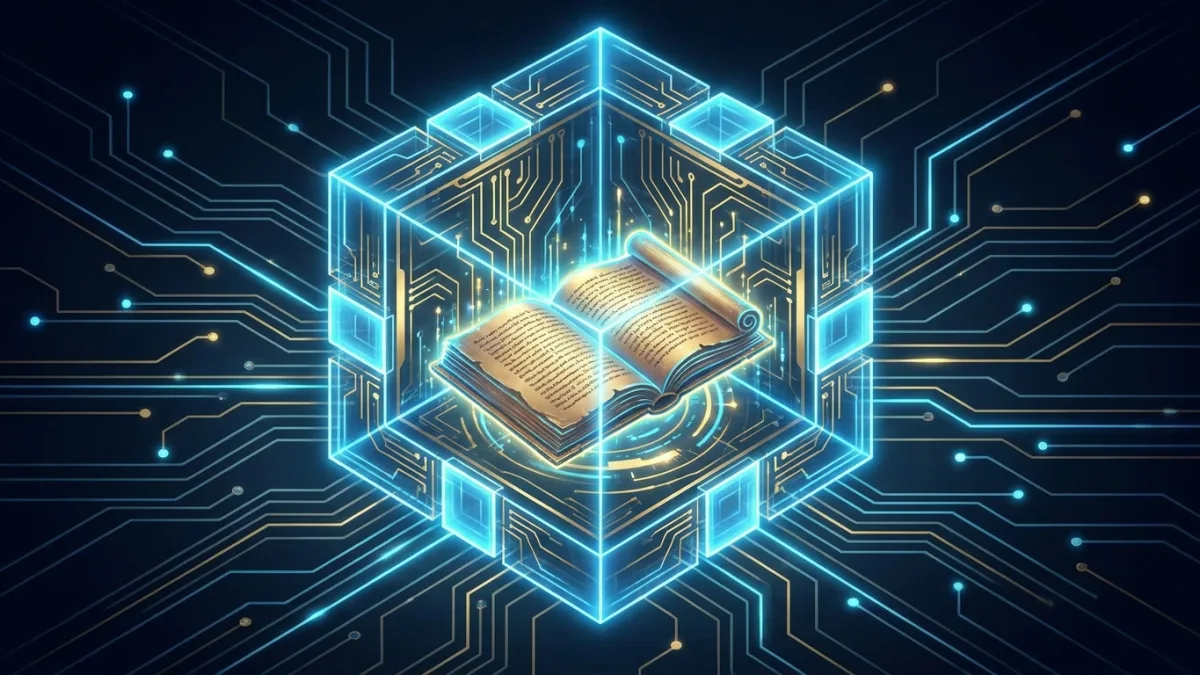 A futuristic digital vault protecting a glowing manuscript, neon blue and gold colors