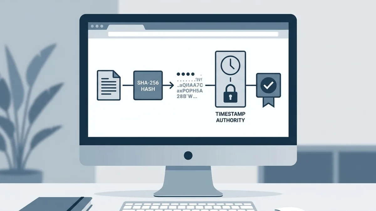 digital timestamping process on a computer screen showing SHA-256 hash generation