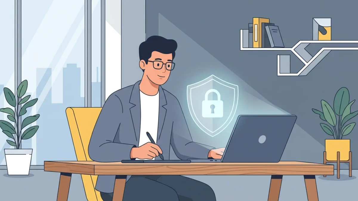 creative professional protecting their digital work online using a laptop in a modern office