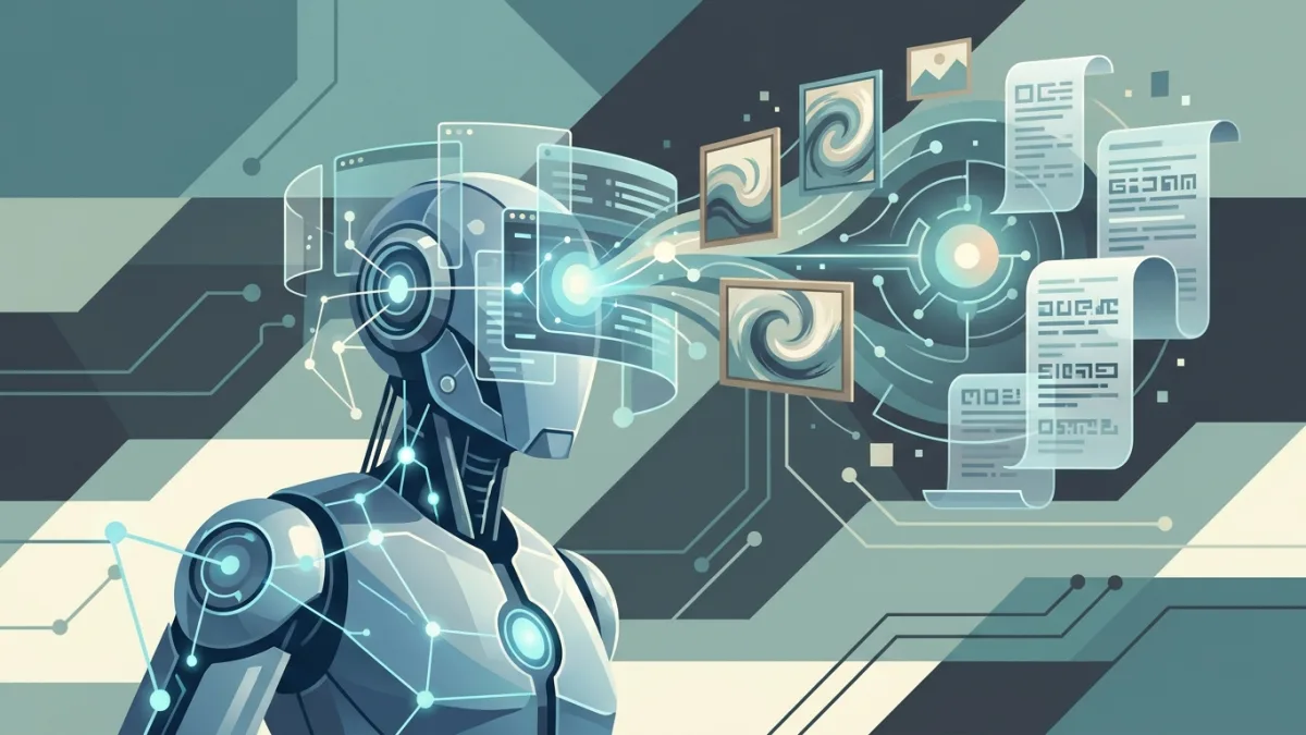 Abstract digital art showing a robot analyzing human paintings and text documents