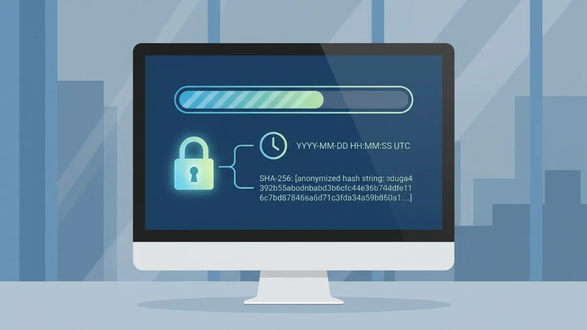 Proceso de registro de copyright digital en la pantalla de un ordenador mostrando un sellado de tiempo y una huella SHA-256