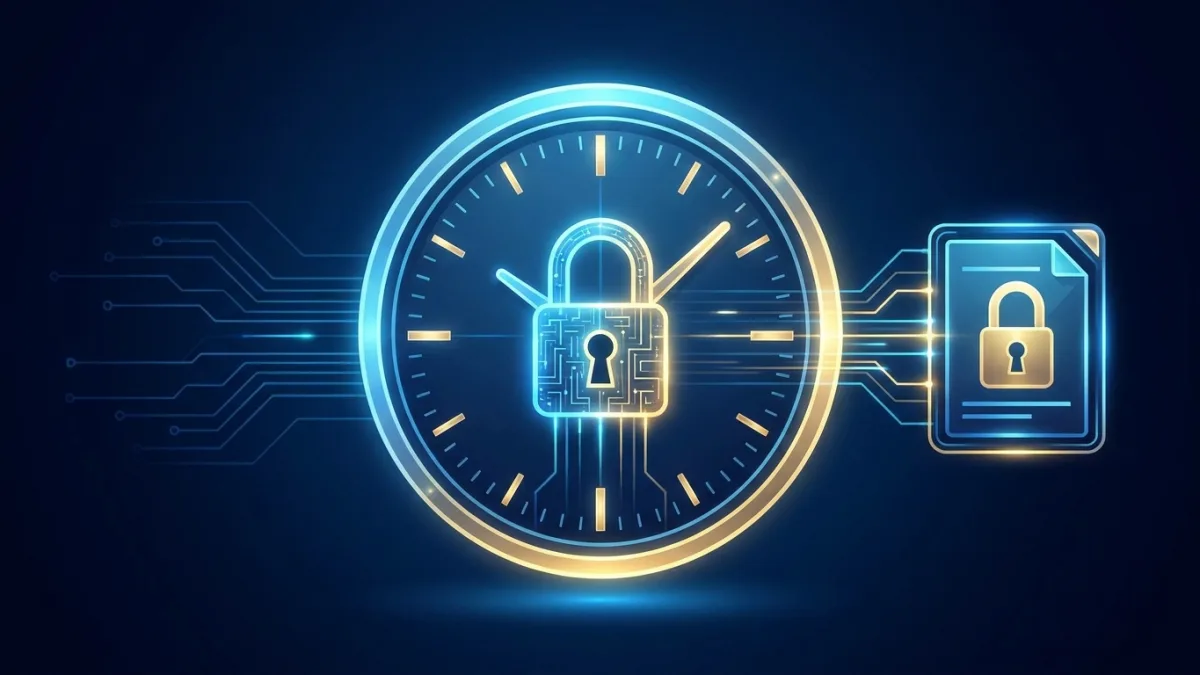 Digital timestamp concept with a clock, a document, and a glowing digital lock on a dark blue background