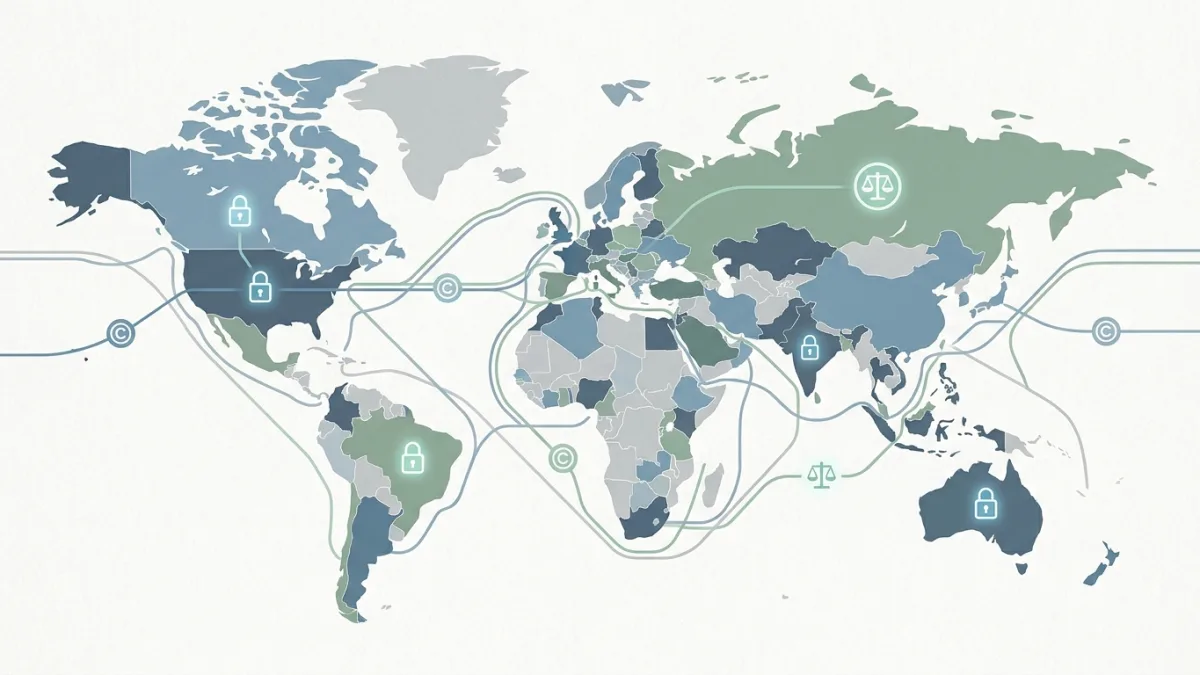 Global map highlighting different countries with lines connecting them, representing international copyright protection