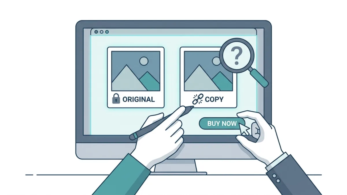 e-commerce plagiarism concept, digital art theft on screen