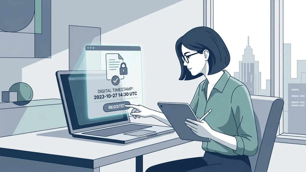 designer registering copyright online with digital timestamp