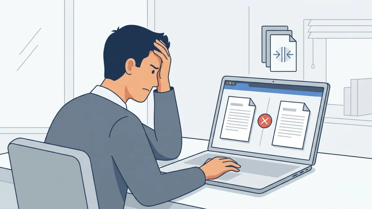 A frustrated person looking at a laptop screen showing two identical documents, conceptualizing plagiarism