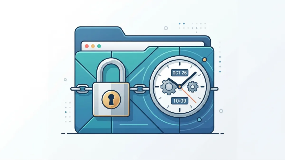A digital folder with a padlock and a clock, symbolizing digital timestamp and copyright protection