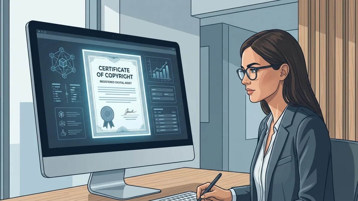 A professional looking at a digital certificate of copyright on a computer screen