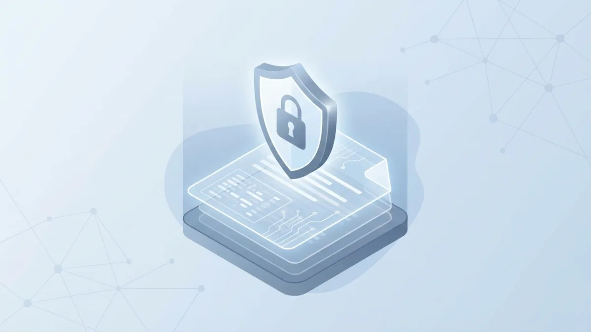 A shield icon over a stack of digital documents representing security
