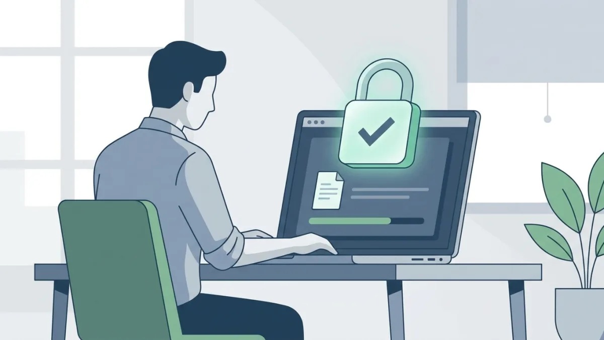 Person working on a laptop with a digital lock icon, symbolizing secure document registration