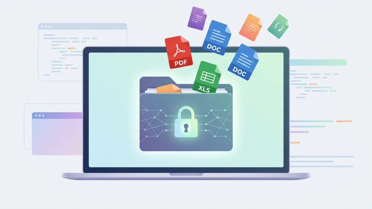 Various digital file icons like PDF, DOC, XLS floating around a secure folder on a screen