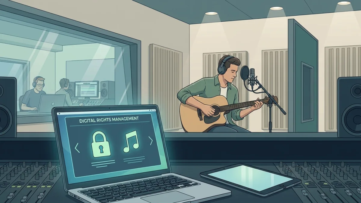 Musician recording audio in a modern studio while checking digital copyright protection on a laptop