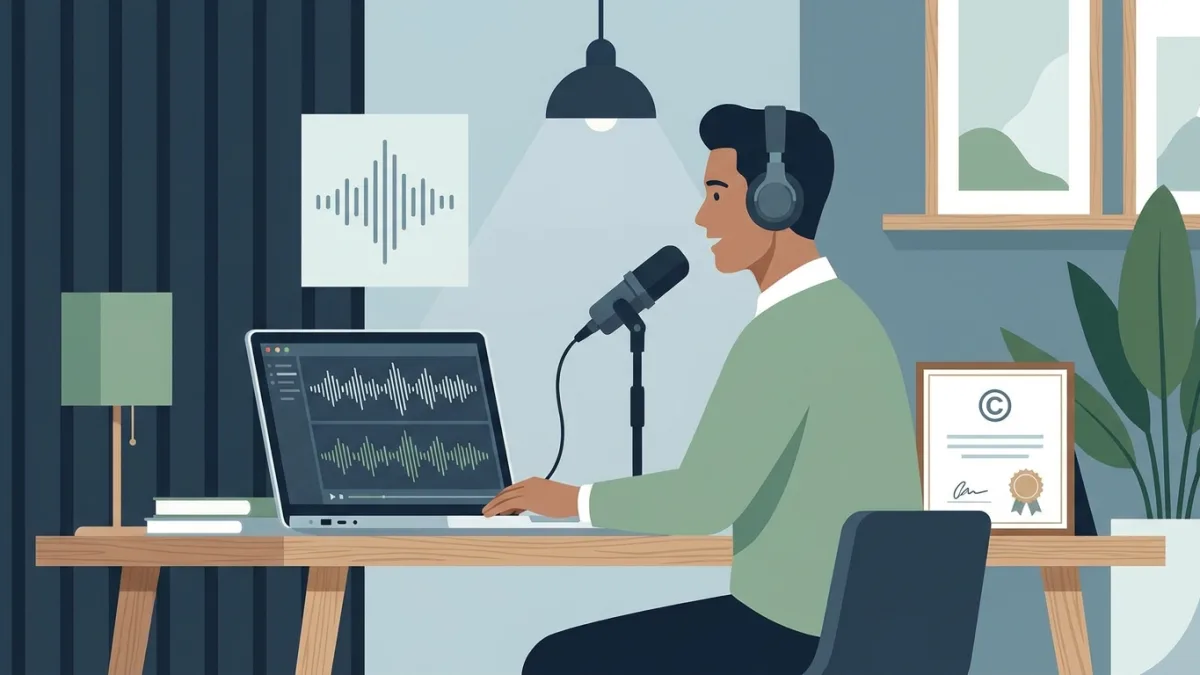 Podcaster speaking into a microphone with a computer screen showing audio waveforms and a copyright certificate