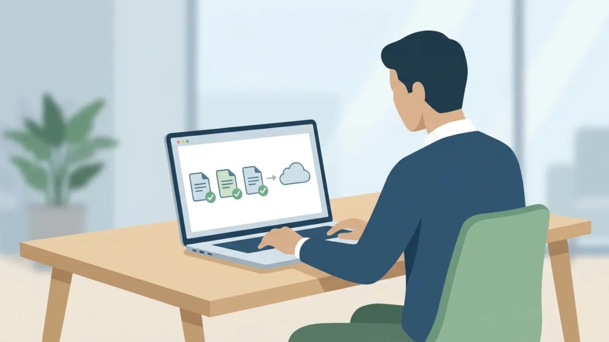creator registering digital files on a modern laptop