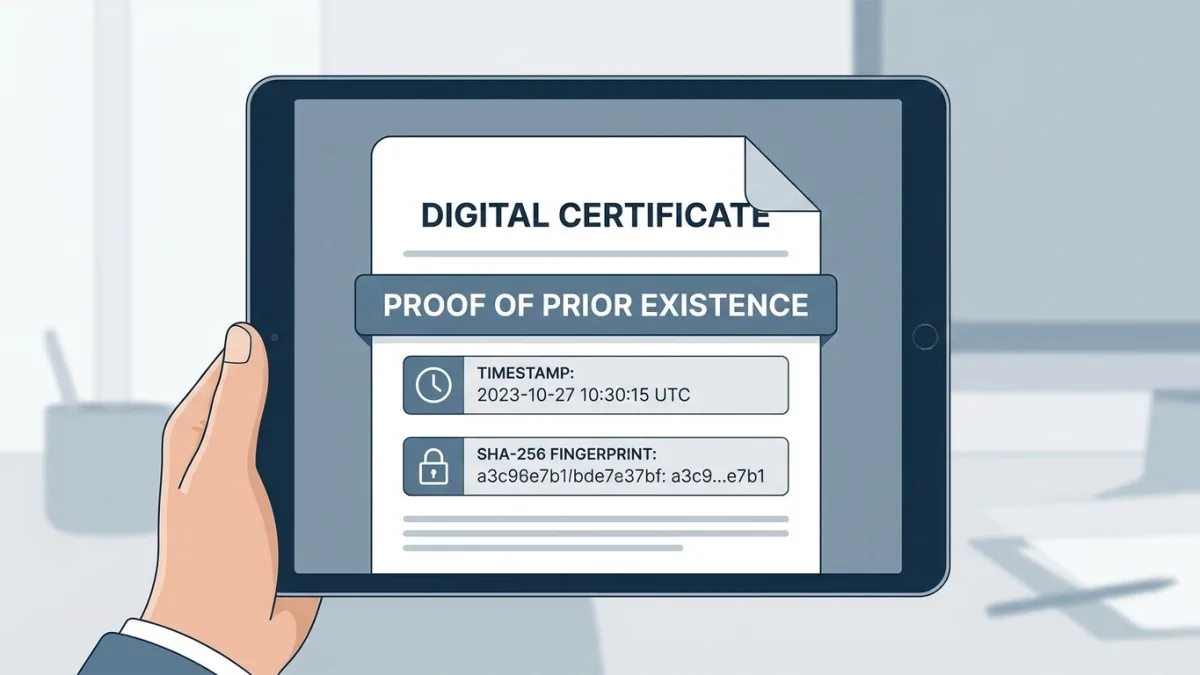 A digital certificate with a timestamp and SHA-256 fingerprint displayed on a tablet, representing proof of prior existence
