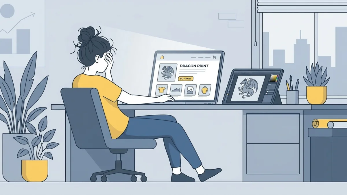 A frustrated digital artist looking at a laptop screen showing their stolen artwork on an e-commerce website, modern studio setting